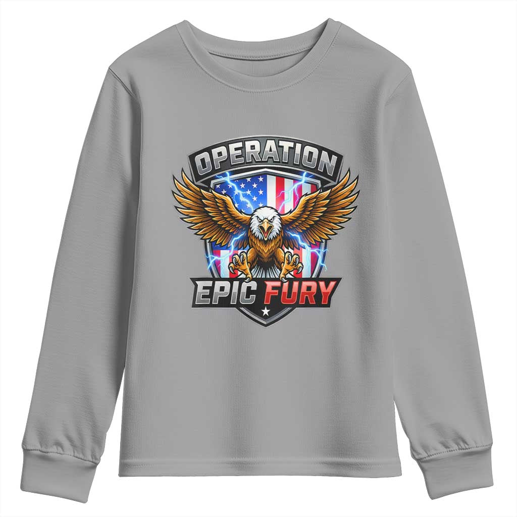 Operation Epic Fury Patriotic Bald Eagle Youth Sweatshirt American Flag Shield Graphic Freedom Pride TS02 Sport Gray Print Your Wear