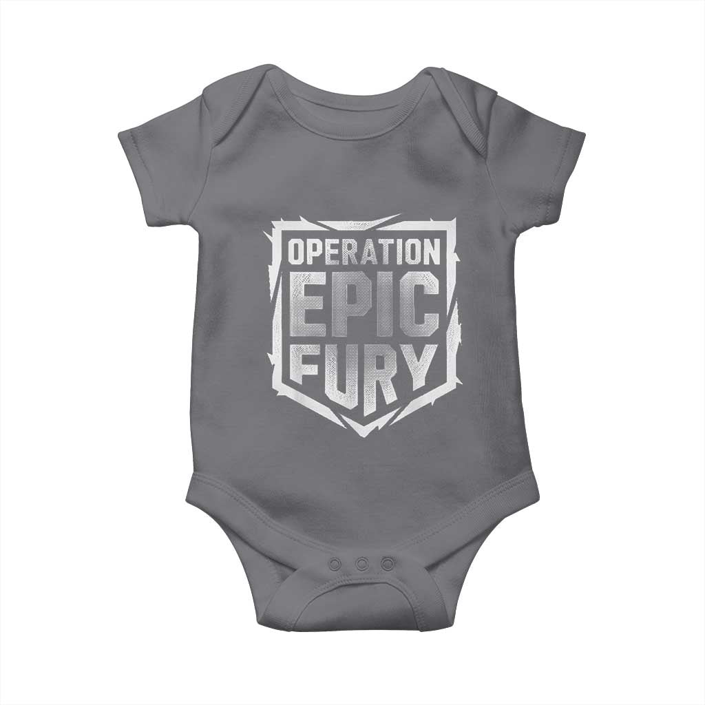 Operation Epic Fury Bold Tactical Shield Graphic Baby Onesie Strong Patriotic Statement Freedom Supporters TS02 Charcoal Print Your Wear