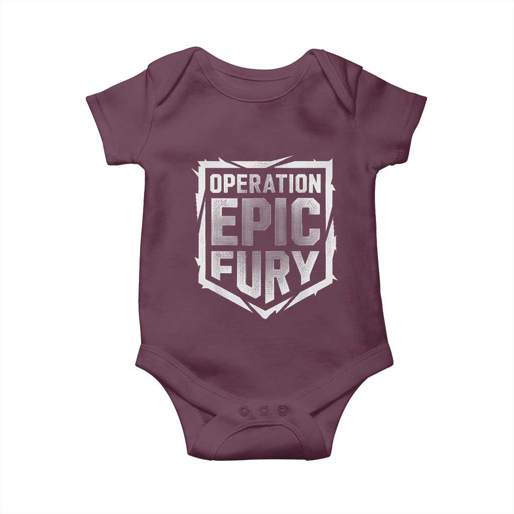 Operation Epic Fury Bold Tactical Shield Graphic Baby Onesie Strong Patriotic Statement Freedom Supporters TS02 Maroon Print Your Wear