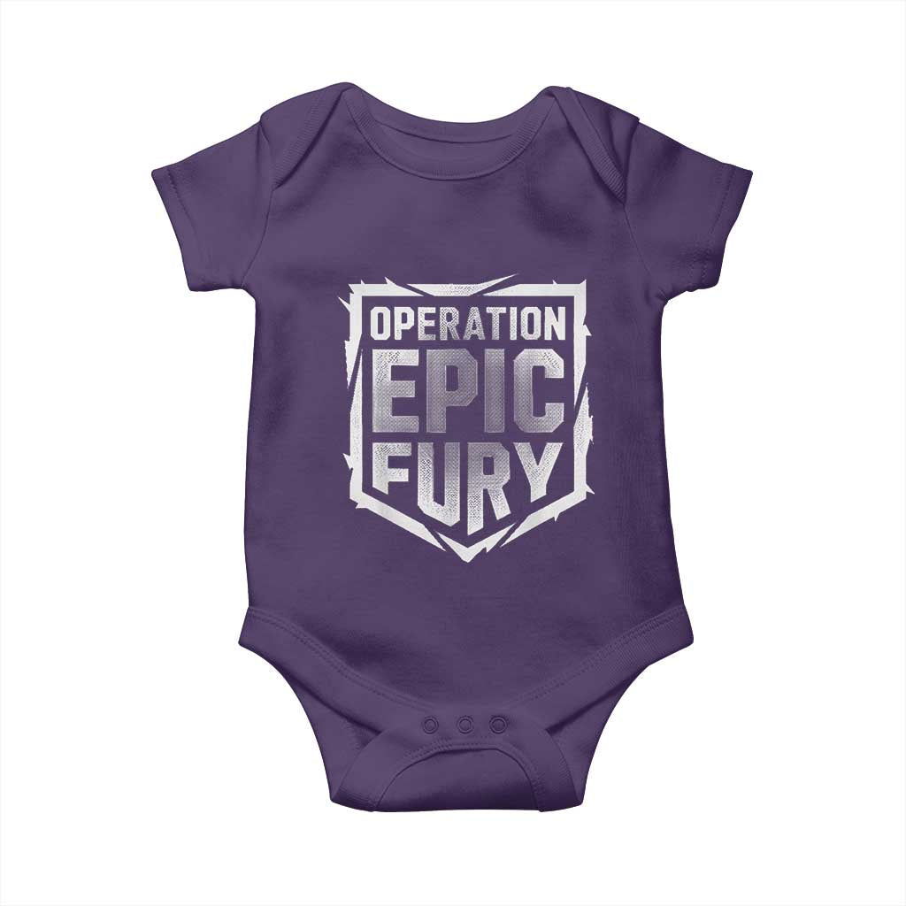 Operation Epic Fury Bold Tactical Shield Graphic Baby Onesie Strong Patriotic Statement Freedom Supporters TS02 Purple Print Your Wear