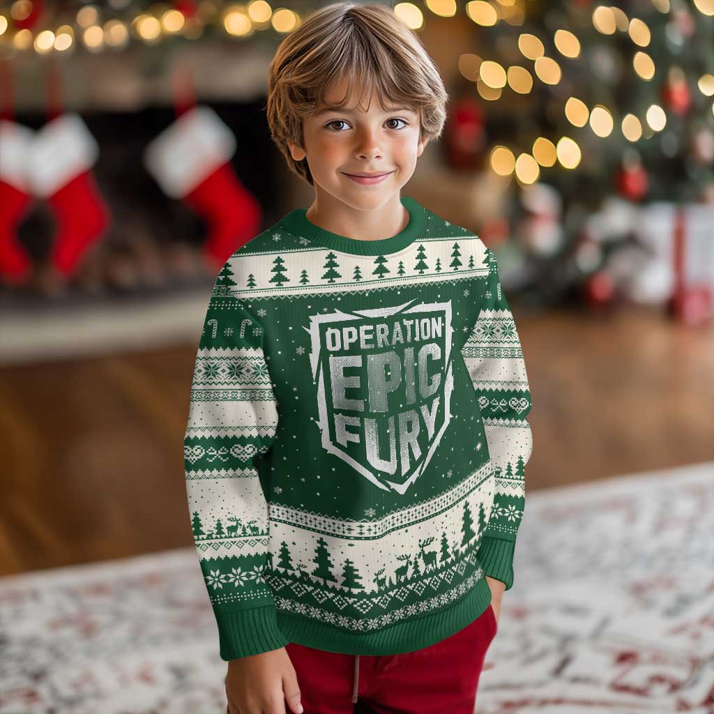 Operation Epic Fury Bold Tactical Shield Graphic Ugly Christmas Sweater Strong Patriotic Statement Freedom Supporters TS02 Forest Green Beige Print Your Wear