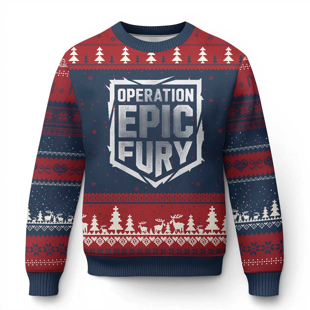 Operation Epic Fury Bold Tactical Shield Graphic Ugly Christmas Sweater Strong Patriotic Statement Freedom Supporters TS02 Navy Red Print Your Wear