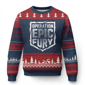 Operation Epic Fury Bold Tactical Shield Graphic Ugly Christmas Sweater Strong Patriotic Statement Freedom Supporters TS02 Navy Red Print Your Wear