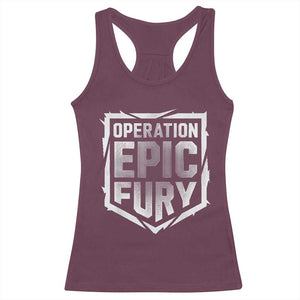 Operation Epic Fury Bold Tactical Shield Graphic Racerback Tank Top Strong Patriotic Statement Freedom Supporters TS02 Maroon Print Your Wear