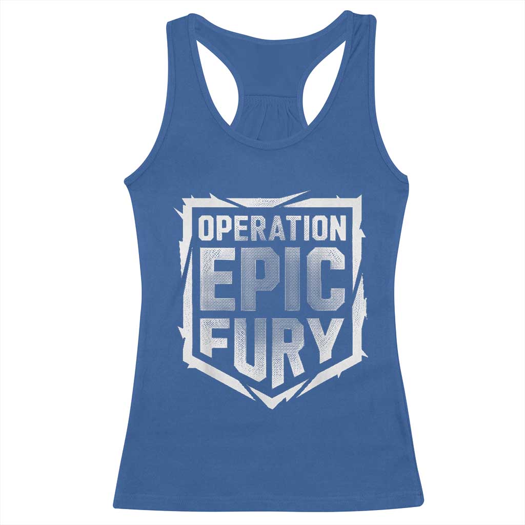 Operation Epic Fury Bold Tactical Shield Graphic Racerback Tank Top Strong Patriotic Statement Freedom Supporters TS02 Royal Blue Print Your Wear