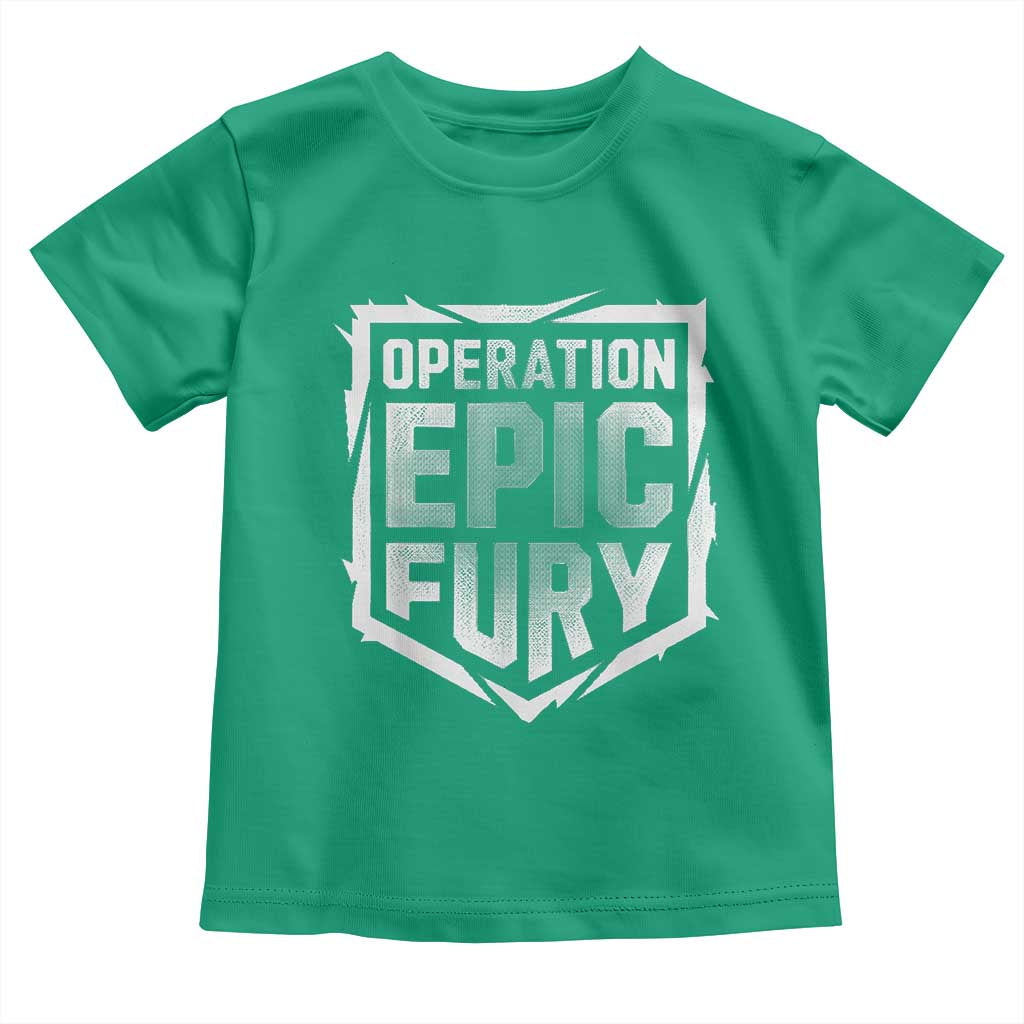 Operation Epic Fury Bold Tactical Shield Graphic Toddler T Shirt Strong Patriotic Statement Freedom Supporters TS02 Irish Green Print Your Wear