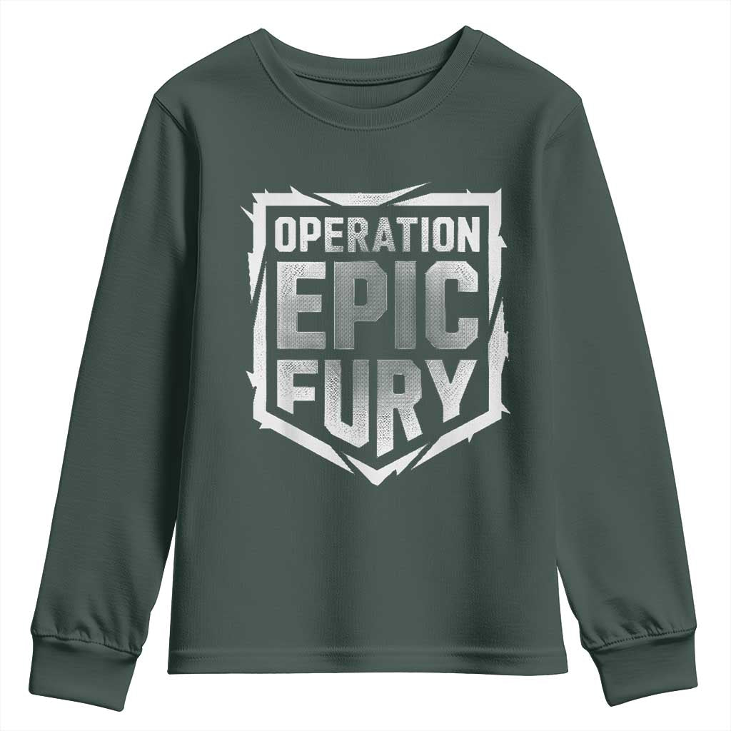 Operation Epic Fury Bold Tactical Shield Graphic Youth Sweatshirt Strong Patriotic Statement Freedom Supporters TS02 Dark Forest Green Print Your Wear