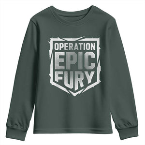 Operation Epic Fury Bold Tactical Shield Graphic Youth Sweatshirt Strong Patriotic Statement Freedom Supporters TS02 Dark Forest Green Print Your Wear