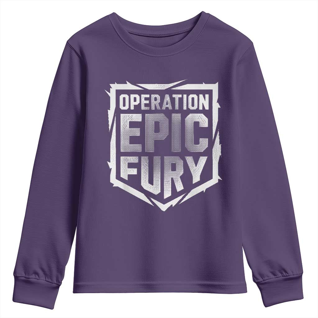 Operation Epic Fury Bold Tactical Shield Graphic Youth Sweatshirt Strong Patriotic Statement Freedom Supporters TS02 Purple Print Your Wear
