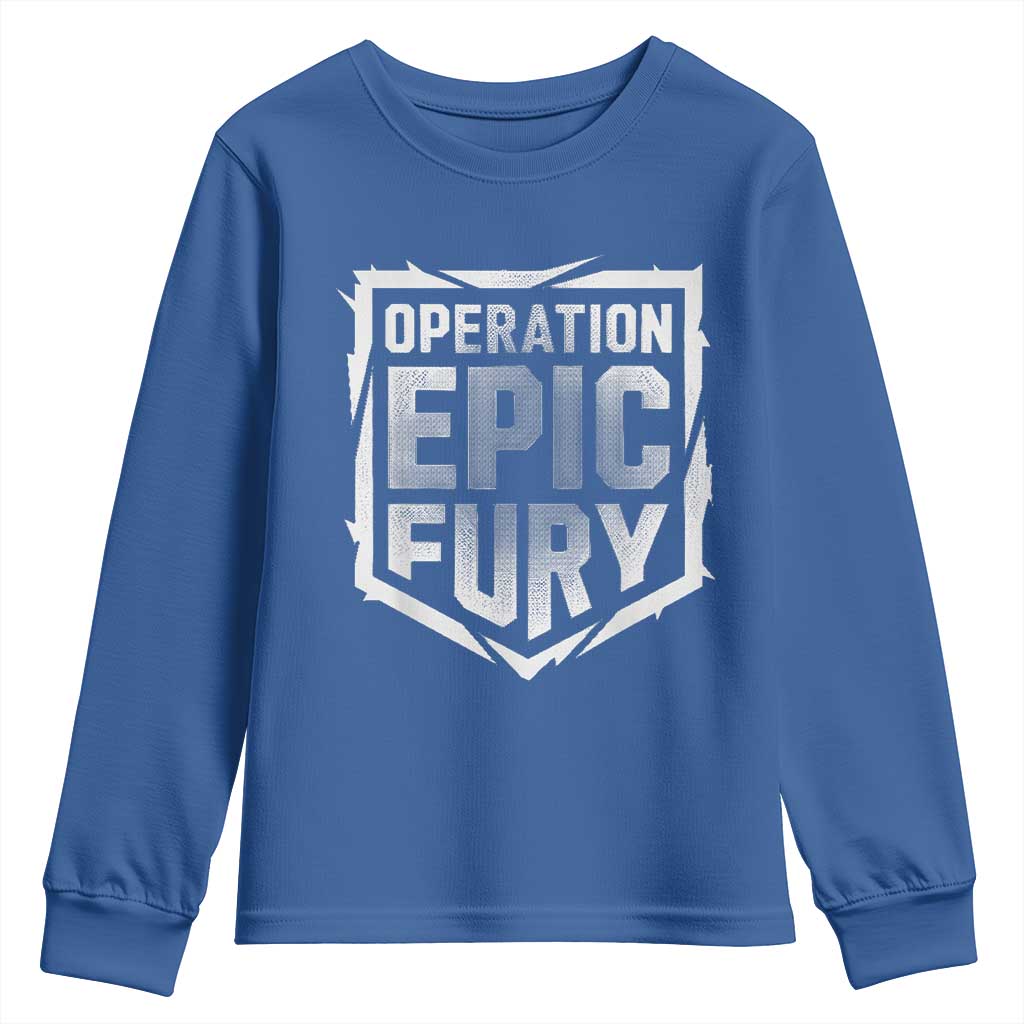 Operation Epic Fury Bold Tactical Shield Graphic Youth Sweatshirt Strong Patriotic Statement Freedom Supporters TS02 Royal Blue Print Your Wear