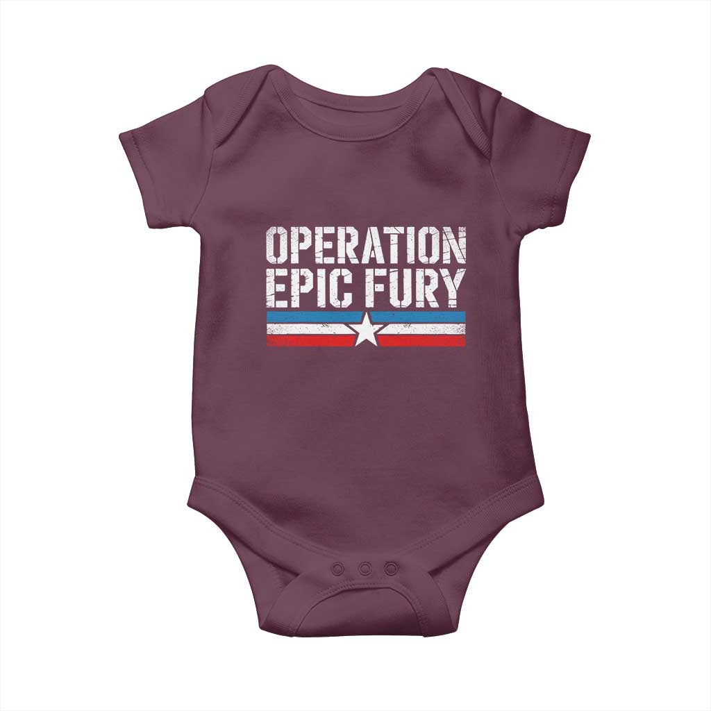 Operation Epic Fury Retro Patriotic Stripe Baby Onesie Vintage American Strength Freedom Supporters TS02 Maroon Print Your Wear