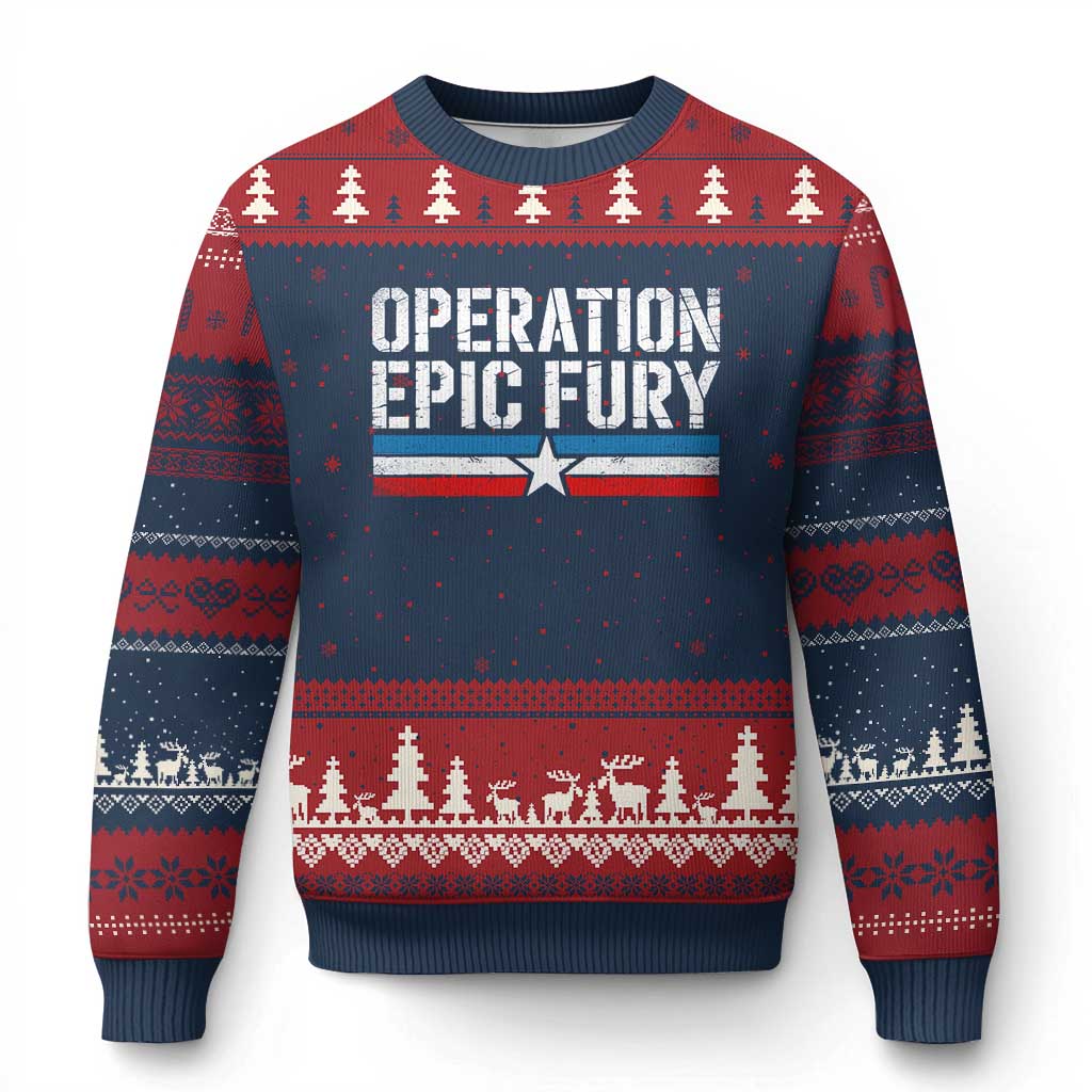 Operation Epic Fury Retro Patriotic Stripe Ugly Christmas Sweater Vintage American Strength Freedom Supporters TS02 Navy Red Print Your Wear