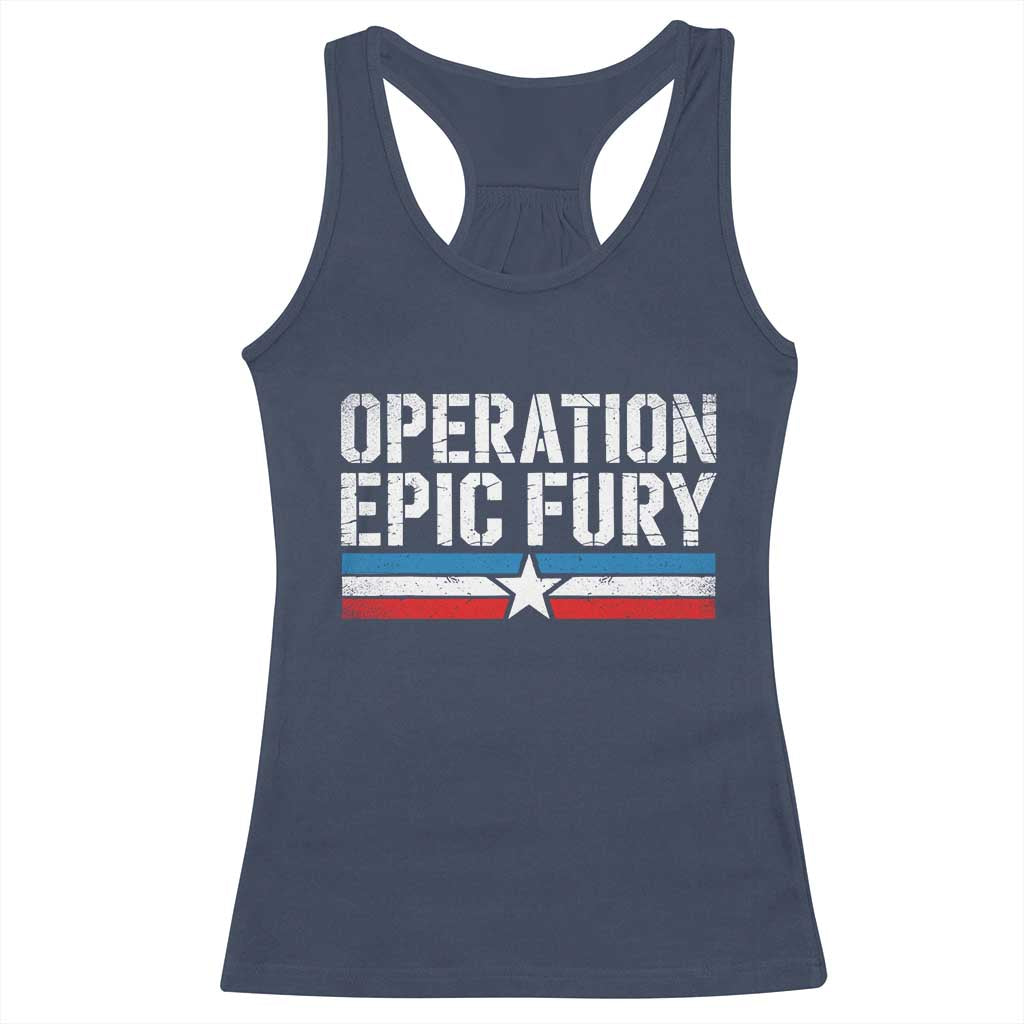 Operation Epic Fury Retro Patriotic Stripe Racerback Tank Top Vintage American Strength Freedom Supporters TS02 Navy Print Your Wear