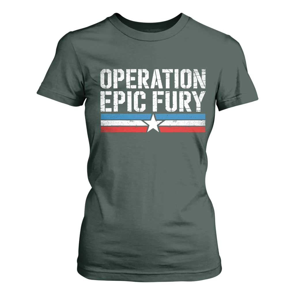 Operation Epic Fury Retro Patriotic Stripe T Shirt For Women Vintage American Strength Freedom Supporters TS02 Dark Forest Green Print Your Wear