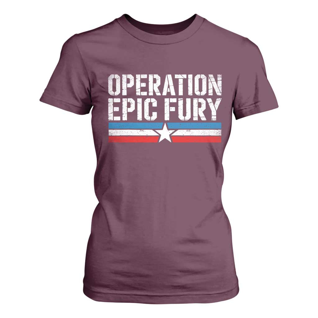 Operation Epic Fury Retro Patriotic Stripe T Shirt For Women Vintage American Strength Freedom Supporters TS02 Maroon Print Your Wear