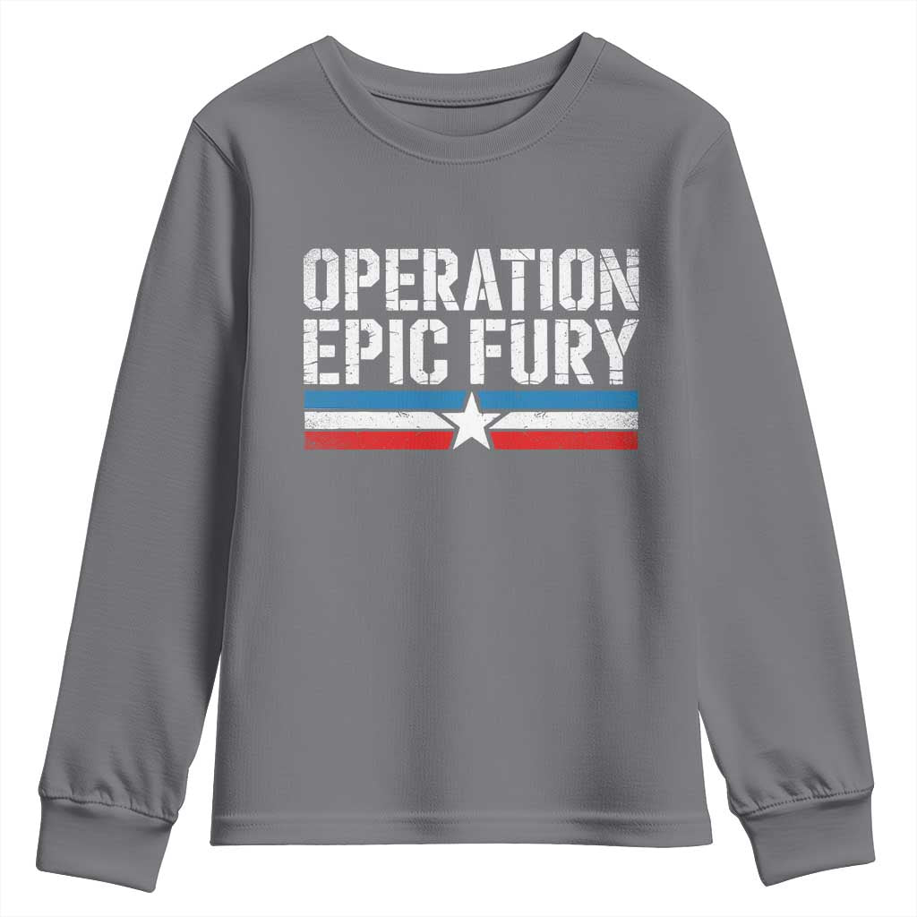Operation Epic Fury Retro Patriotic Stripe Youth Sweatshirt Vintage American Strength Freedom Supporters TS02 Charcoal Print Your Wear
