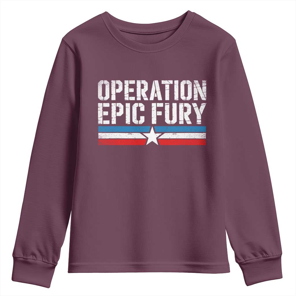 Operation Epic Fury Retro Patriotic Stripe Youth Sweatshirt Vintage American Strength Freedom Supporters TS02 Maroon Print Your Wear