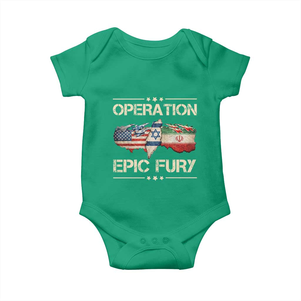 Operation Epic Fury USA Israel Baby Onesie Patriotic Military Peace Through Strength TS02 Irish Green Print Your Wear