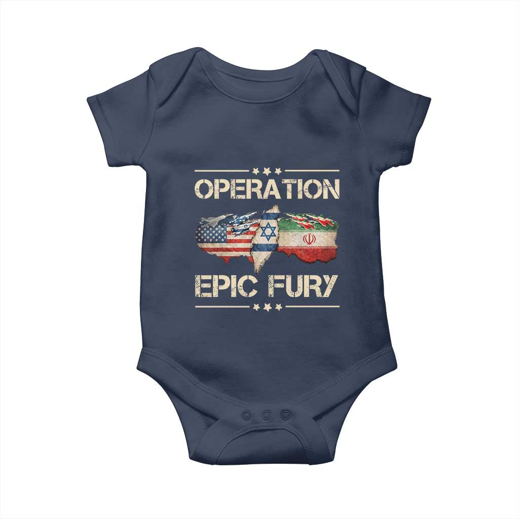 Operation Epic Fury USA Israel Baby Onesie Patriotic Military Peace Through Strength TS02 Navy Print Your Wear