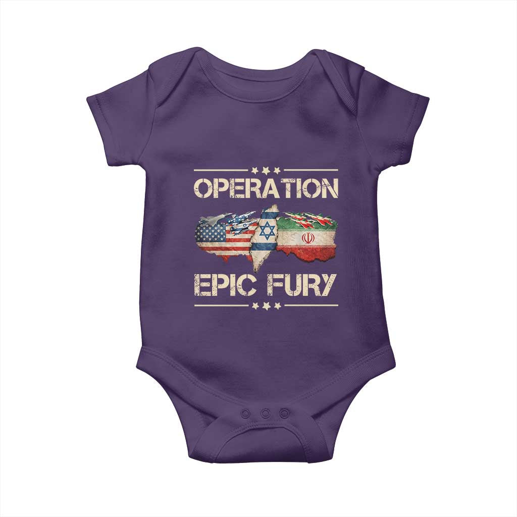 Operation Epic Fury USA Israel Baby Onesie Patriotic Military Peace Through Strength TS02 Purple Print Your Wear
