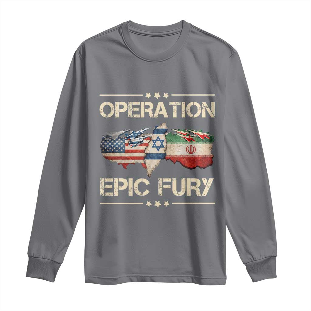 Operation Epic Fury USA Israel Long Sleeve Shirt Patriotic Military Peace Through Strength TS02 Charcoal Print Your Wear