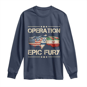 Operation Epic Fury USA Israel Long Sleeve Shirt Patriotic Military Peace Through Strength TS02 Navy Print Your Wear