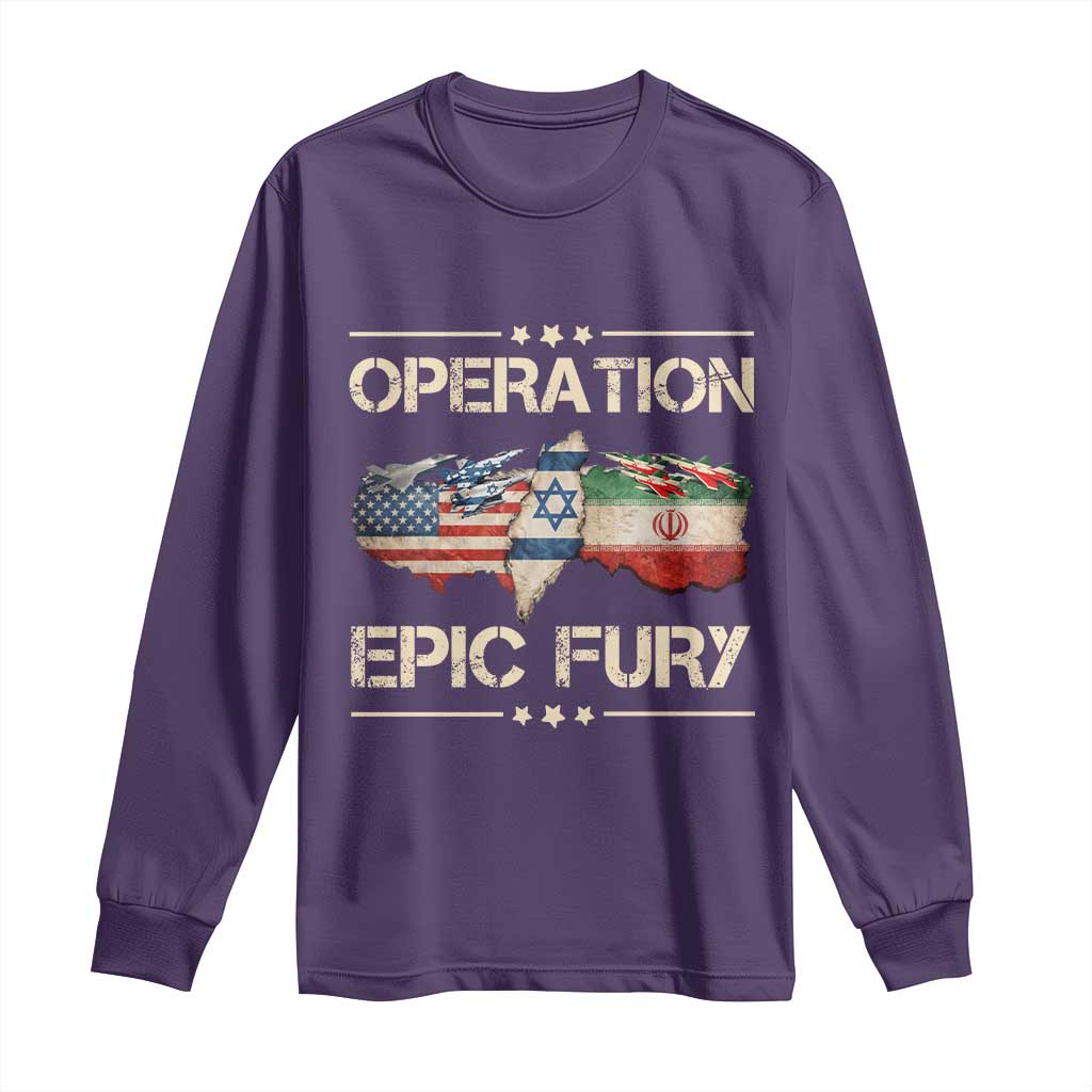 Operation Epic Fury USA Israel Long Sleeve Shirt Patriotic Military Peace Through Strength TS02 Purple Print Your Wear