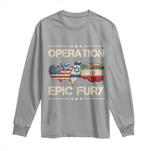 Operation Epic Fury USA Israel Long Sleeve Shirt Patriotic Military Peace Through Strength TS02 Sport Gray Print Your Wear