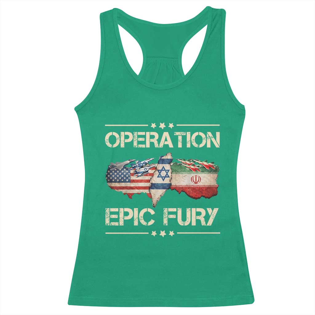Operation Epic Fury USA Israel Racerback Tank Top Patriotic Military Peace Through Strength TS02 Irish Green Print Your Wear