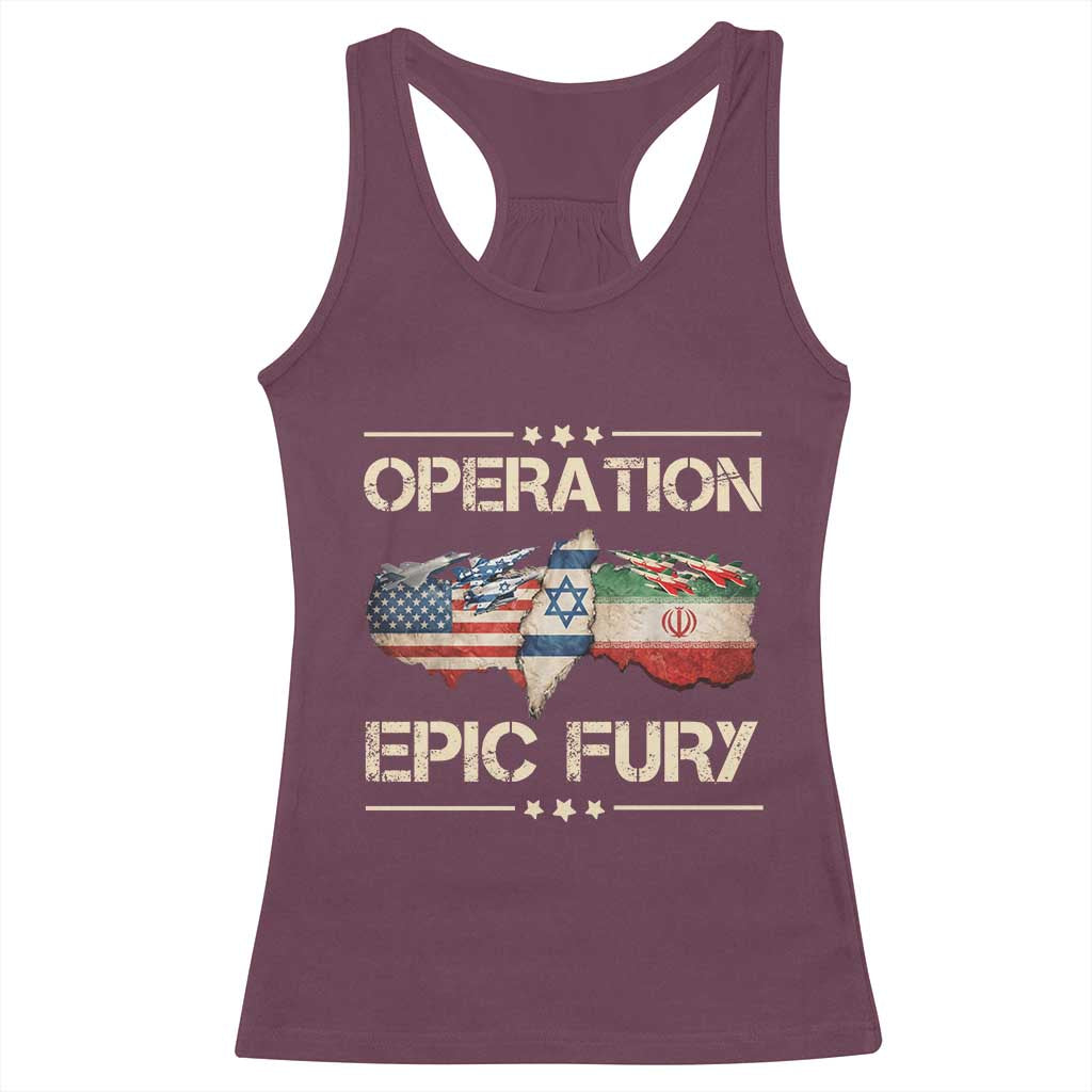 Operation Epic Fury USA Israel Racerback Tank Top Patriotic Military Peace Through Strength TS02 Maroon Print Your Wear