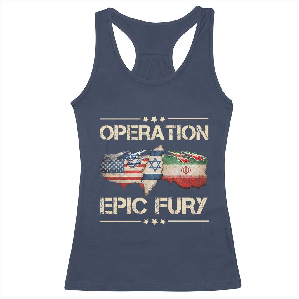 Operation Epic Fury USA Israel Racerback Tank Top Patriotic Military Peace Through Strength TS02 Navy Print Your Wear