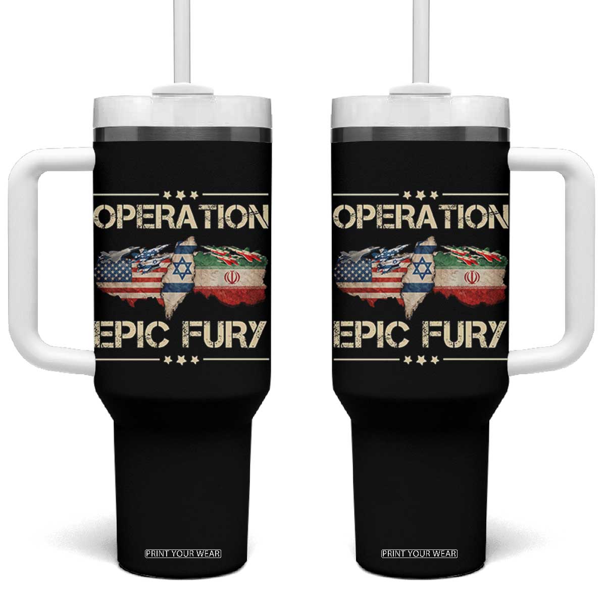 Operation Epic Fury USA Israel Tumbler With Handle Patriotic Military Peace Through Strength TS02 One Size: 40 oz Black Print Your Wear