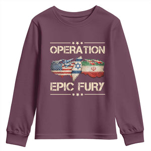 Operation Epic Fury USA Israel Youth Sweatshirt Patriotic Military Peace Through Strength TS02 Maroon Print Your Wear