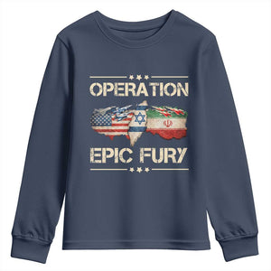 Operation Epic Fury USA Israel Youth Sweatshirt Patriotic Military Peace Through Strength TS02 Navy Print Your Wear