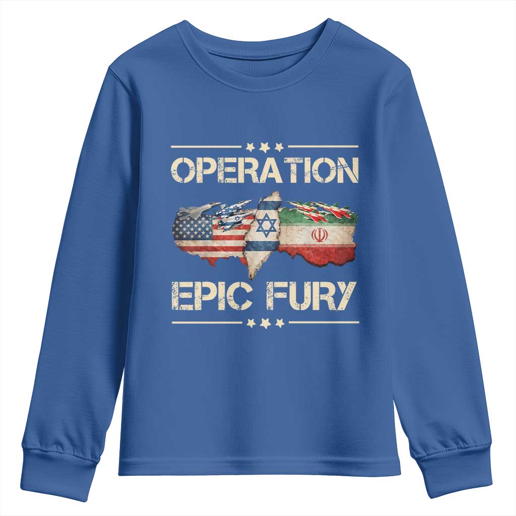 Operation Epic Fury USA Israel Youth Sweatshirt Patriotic Military Peace Through Strength TS02 Royal Blue Print Your Wear