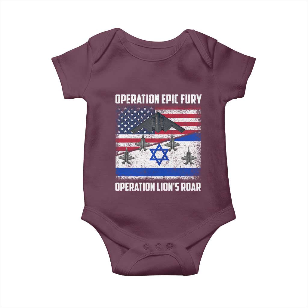 Operation Epic Fury Lions Roar Baby Onesie USA Israel Flag Freedom Defense TS02 Maroon Print Your Wear
