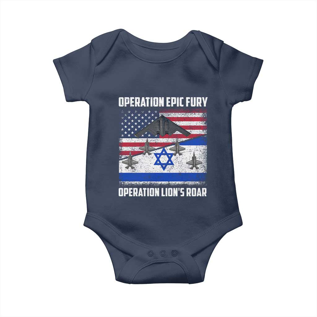 Operation Epic Fury Lions Roar Baby Onesie USA Israel Flag Freedom Defense TS02 Navy Print Your Wear