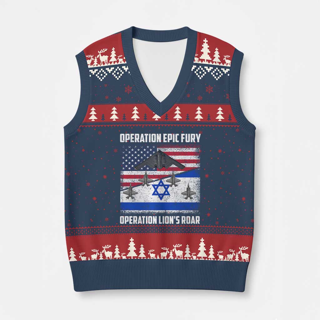 Operation Epic Fury Lions Roar V-Neck Knit Sweater Vest USA Israel Flag Freedom Defense TS02 Navy Red Print Your Wear