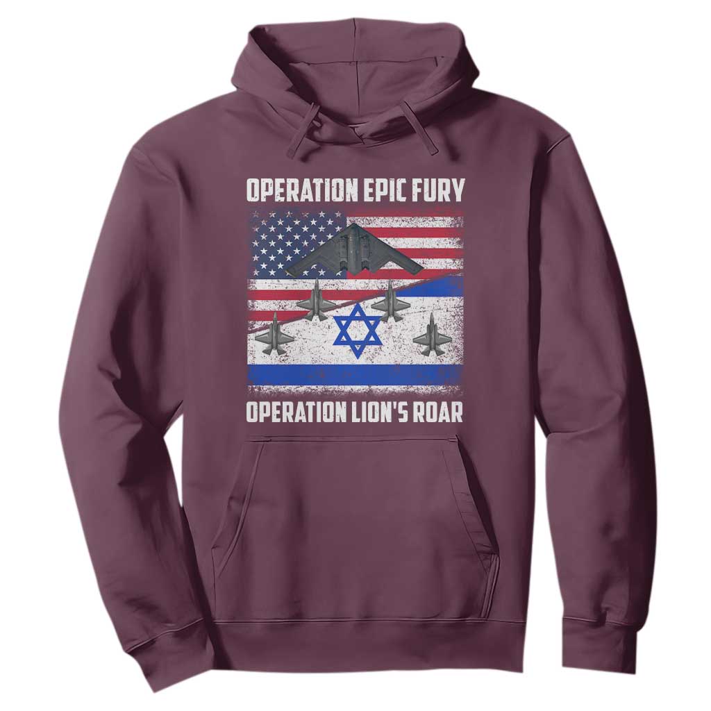 Operation Epic Fury Lions Roar Hoodie USA Israel Flag Freedom Defense TS02 Maroon Print Your Wear