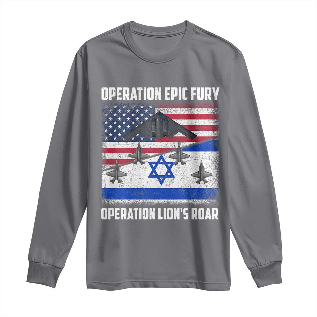 Operation Epic Fury Lions Roar Long Sleeve Shirt USA Israel Flag Freedom Defense TS02 Charcoal Print Your Wear
