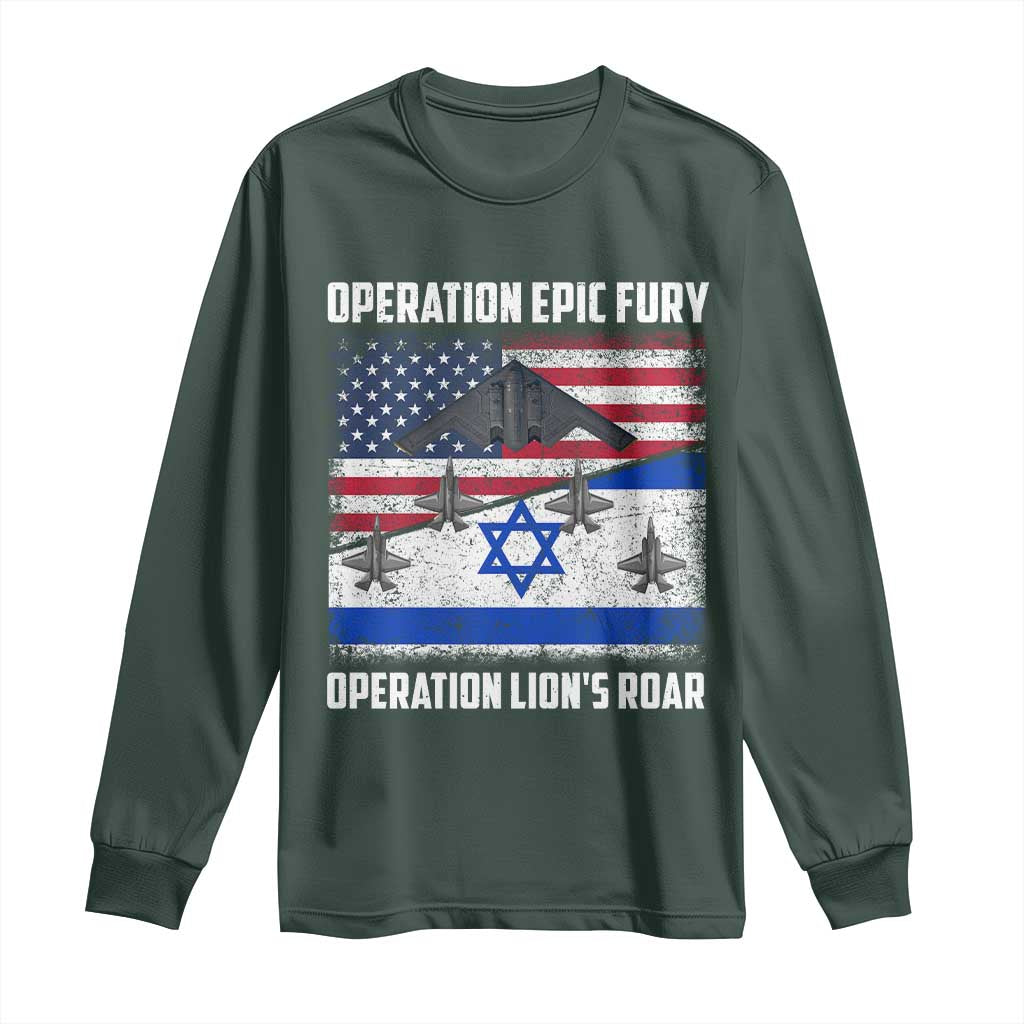 Operation Epic Fury Lions Roar Long Sleeve Shirt USA Israel Flag Freedom Defense TS02 Dark Forest Green Print Your Wear