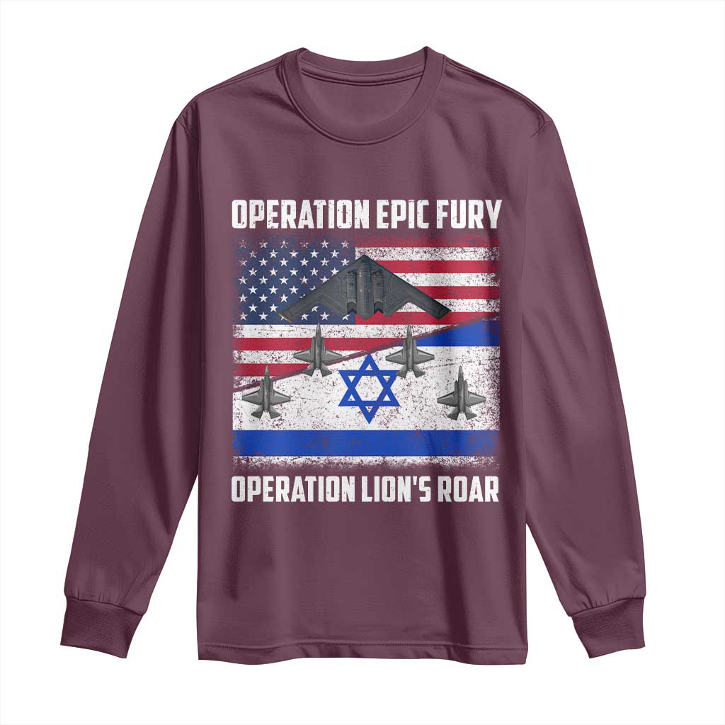 Operation Epic Fury Lions Roar Long Sleeve Shirt USA Israel Flag Freedom Defense TS02 Maroon Print Your Wear