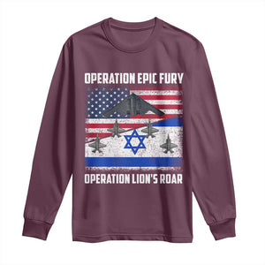 Operation Epic Fury Lions Roar Long Sleeve Shirt USA Israel Flag Freedom Defense TS02 Maroon Print Your Wear