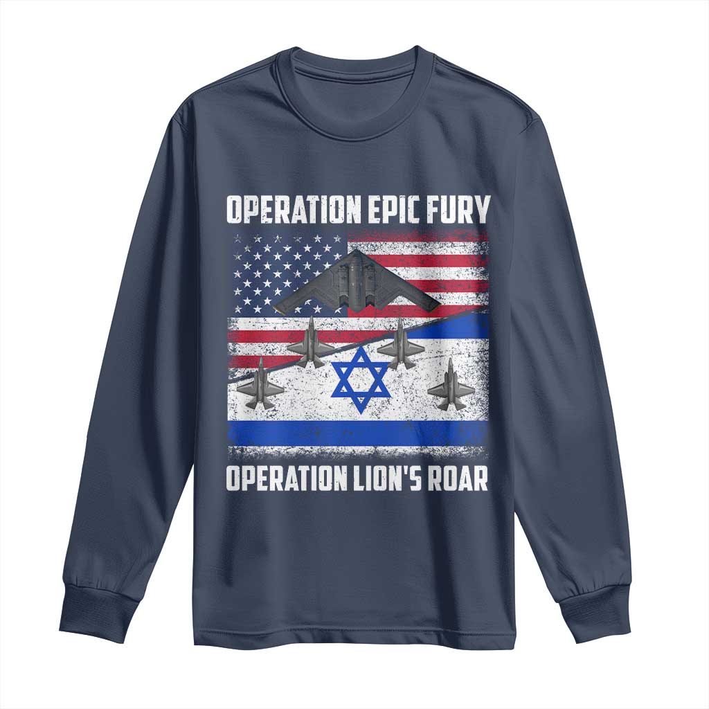 Operation Epic Fury Lions Roar Long Sleeve Shirt USA Israel Flag Freedom Defense TS02 Navy Print Your Wear