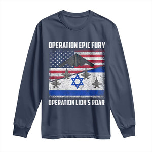 Operation Epic Fury Lions Roar Long Sleeve Shirt USA Israel Flag Freedom Defense TS02 Navy Print Your Wear