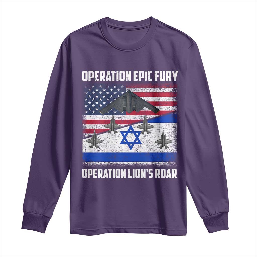 Operation Epic Fury Lions Roar Long Sleeve Shirt USA Israel Flag Freedom Defense TS02 Purple Print Your Wear