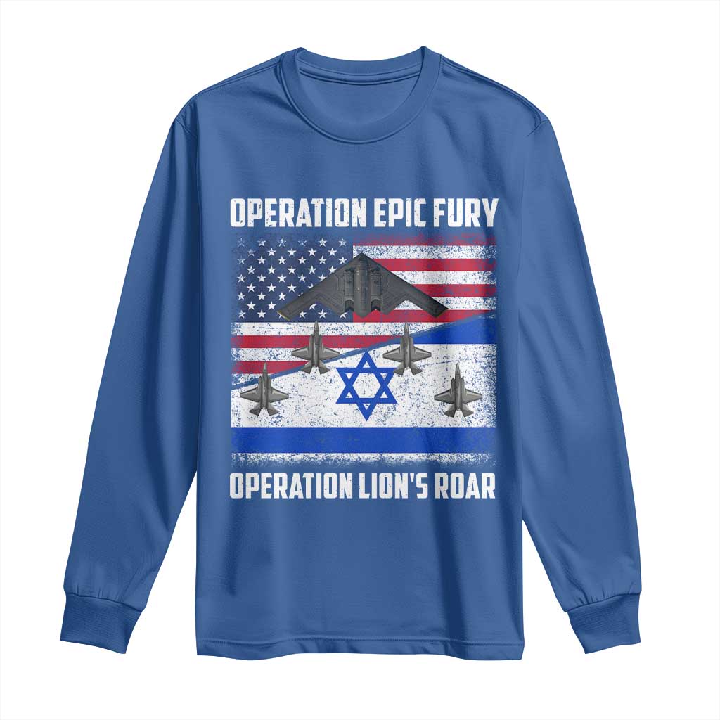Operation Epic Fury Lions Roar Long Sleeve Shirt USA Israel Flag Freedom Defense TS02 Royal Blue Print Your Wear