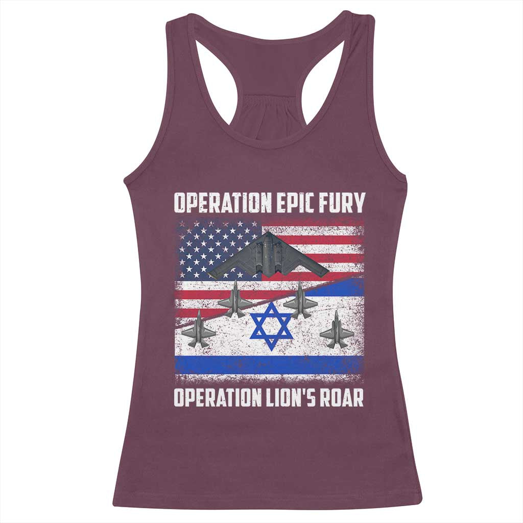 Operation Epic Fury Lions Roar Racerback Tank Top USA Israel Flag Freedom Defense TS02 Maroon Print Your Wear