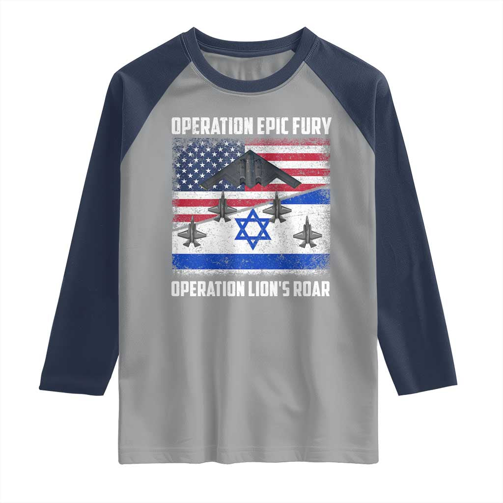 Operation Epic Fury Lions Roar Raglan Shirt USA Israel Flag Freedom Defense TS02 Sport Gray Navy Print Your Wear