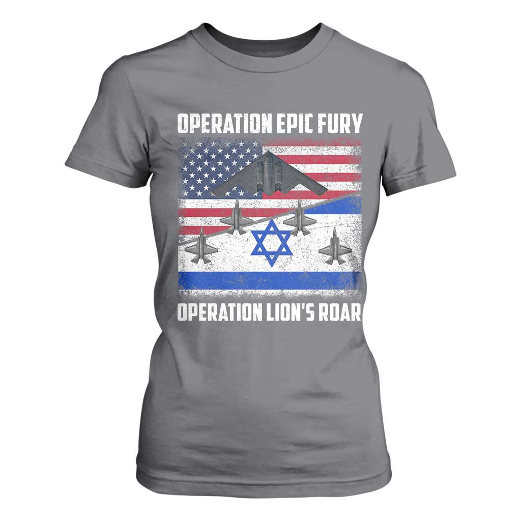 Operation Epic Fury Lions Roar T Shirt For Women USA Israel Flag Freedom Defense TS02 Charcoal Print Your Wear
